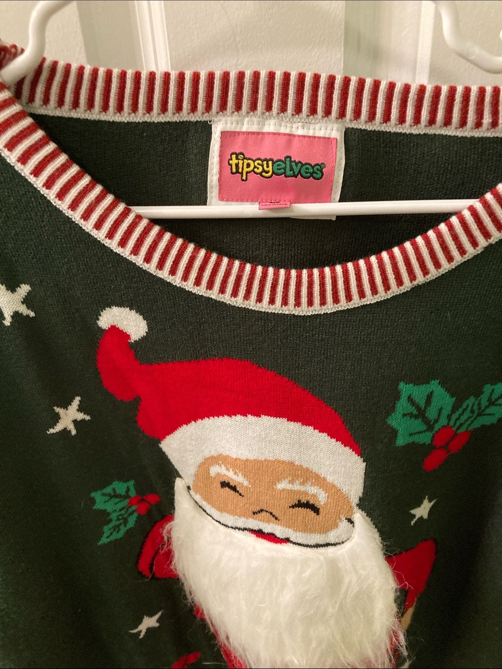 Tipsy Elves Kids Green Santa Knit Pajama Top with Red & White Accents